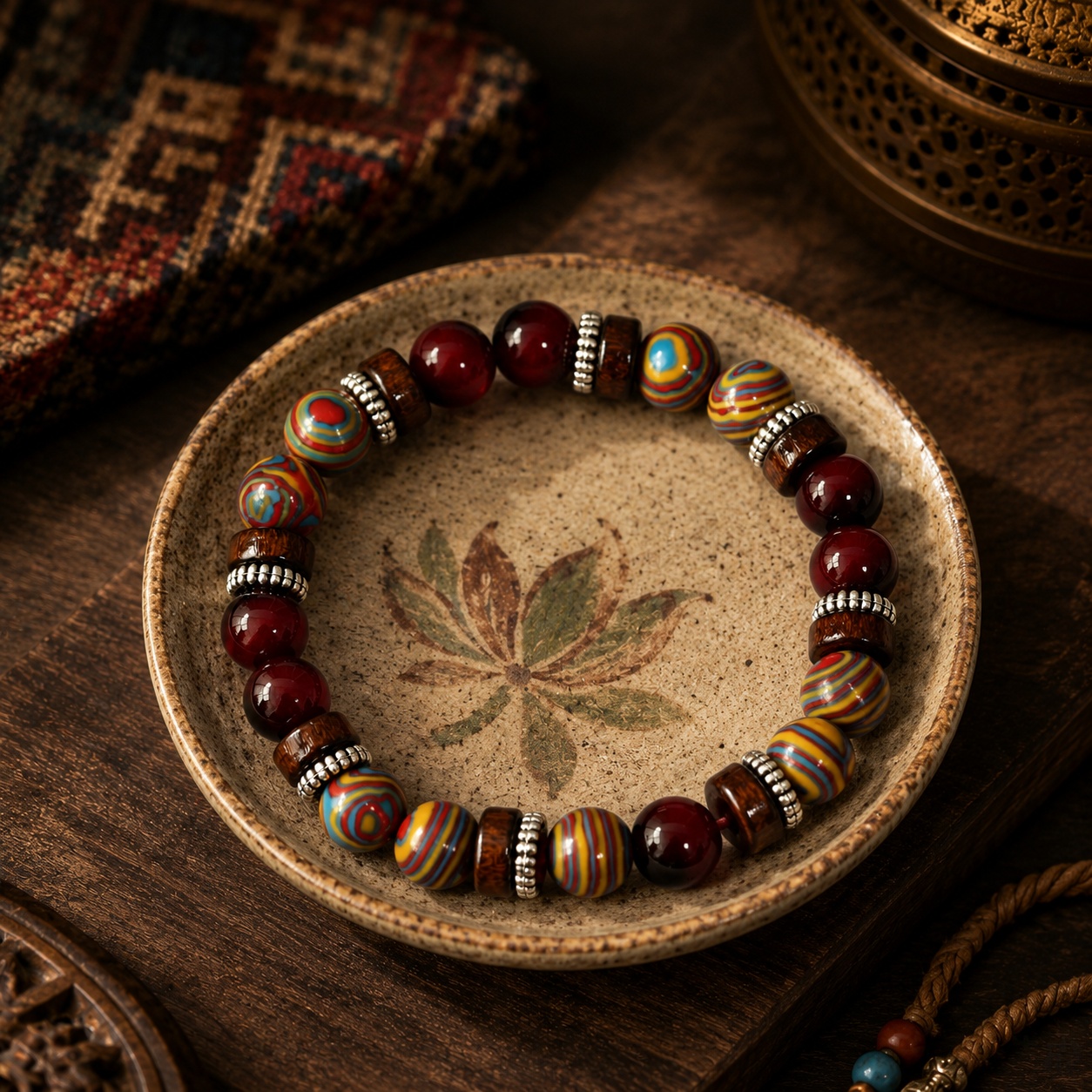 Maillard Vintage Ethnic Style Wine Red Tiger's Eye Beaded Bracelet